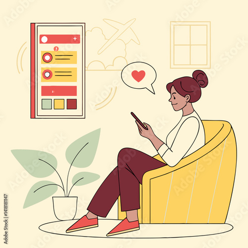 A woman relaxes in a bright yellow chair, smiling at her phone with a heart emoji floating nearby. A digital screen and cozy decor enhance the calm, cheerful atmosphere.