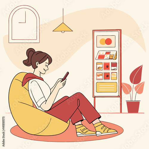 A young woman lounges on a yellow bean bag, happily using her phone.  
A cozy room with a plant, soft lighting, and a digital screen creates a modern vibe.