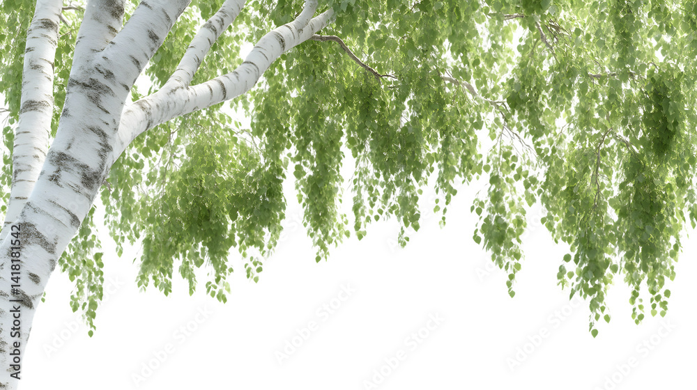 Fototapeta premium Birch Tree Branches with Green Leaves Nature Background Spring Foliage Canopy Texture Desi