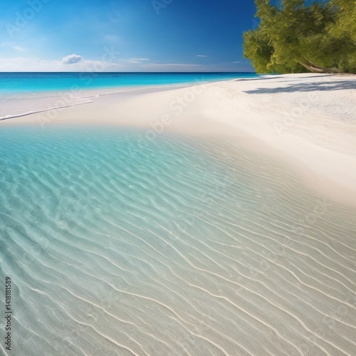 A picturesque beach with soft, white sand, surrounded by azure waters and bathed in sunlight.