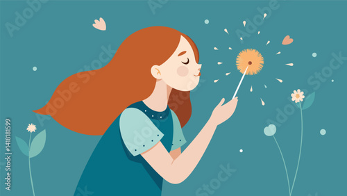 A whimsical illustration of a girl blowing dandelion seeds with the words Miracles start to happen when you give as much energy to your dreams as you. Vector illustration