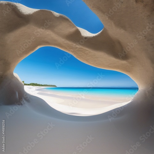 A picturesque beach with soft, white sand, surrounded by azure waters and bathed in sunlight.