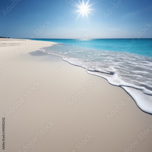 A picturesque beach with soft, white sand, surrounded by azure waters and bathed in sunlight.