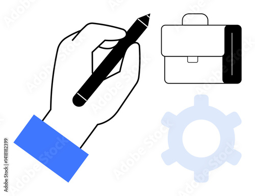 Hand holds pen near briefcase and gear, symbolizing planning, organization, business, strategy, teamwork, innovation, and workflow. Ideal for productivity efficiency and flat simple metaphor