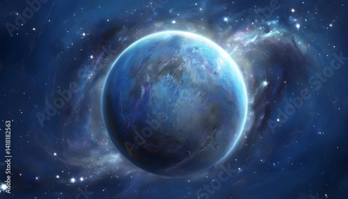 Vibrant Fictional Planet Amidst A Deep Blue Cosmic Landscape