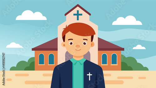 A teenage boy confidently stands in front of the church delivering a poignant and thoughtprovoking sermon challenging his peers to live boldly for. Vector illustration