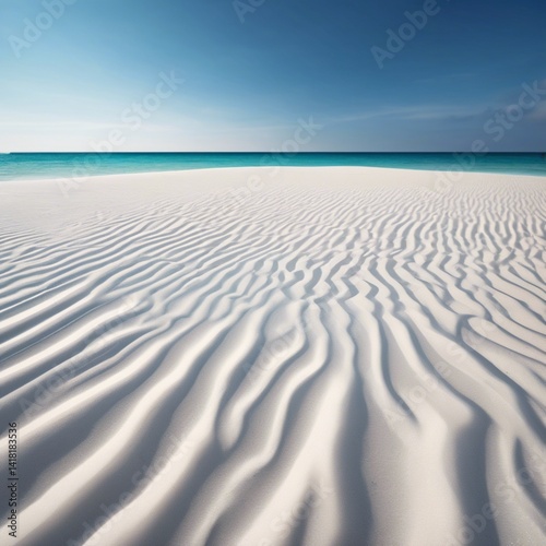 A picturesque beach with soft, white sand, surrounded by azure waters and bathed in sunlight.