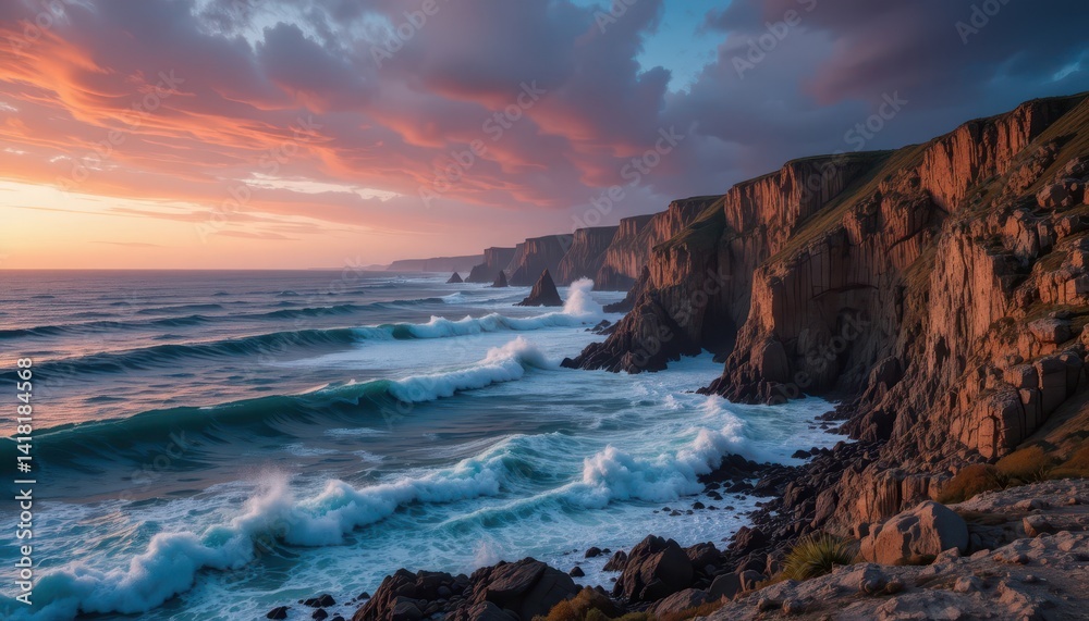 Fototapeta premium Stunning Sunset Over Dramatic Coastal Cliffs and Turquoise Waves