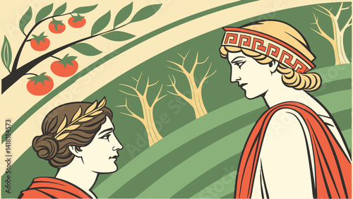 Two figures in a landscape with tomatoes and trees in an illustrative art deco style scene depicted created with generated ai