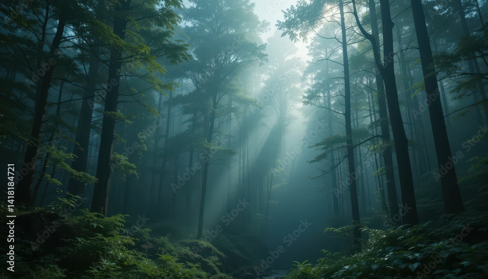 Ethereal Forest with Sunlight Beaming Through Dense Trees Ethereal Forest with Sunlight Beaming Through Dense Trees