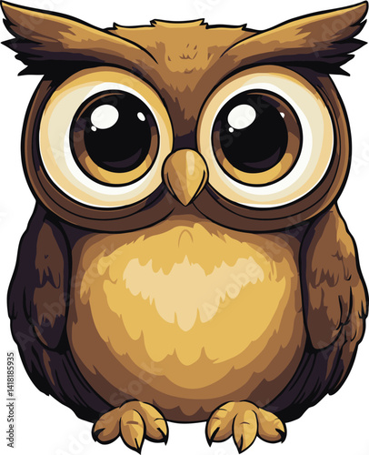 Cute cartoon owl character with large eyes and fluffy feathers in vector style for illustrations and designs