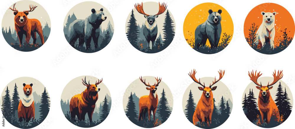 Fototapeta premium Collection of wildlife icon designs featuring bears and moose in a minimalist vector style