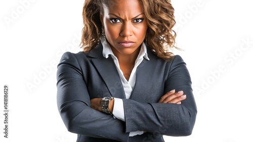 Woman in business attire, serious expression