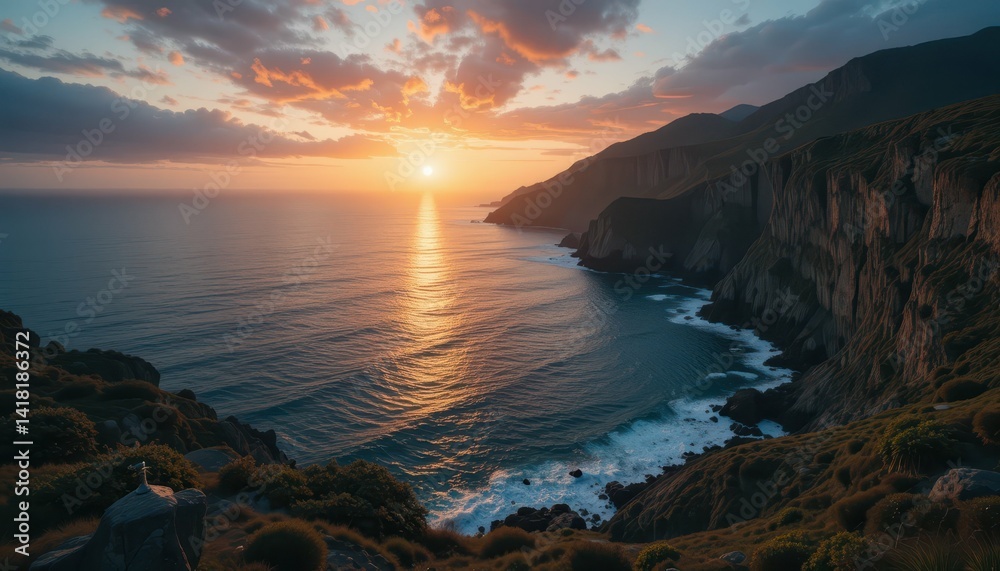Fototapeta premium Serene Ocean Sunset Over Rugged Cliffs and Calm Waters