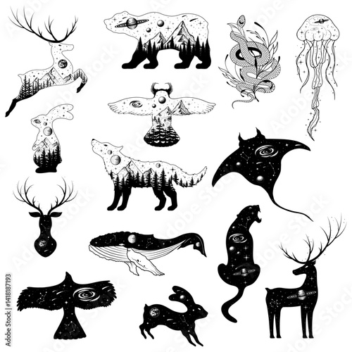 Celestial Fauna: A collection of captivating illustrations merges the essence of nature and cosmos, showcasing diverse animals adorned with celestial elements.