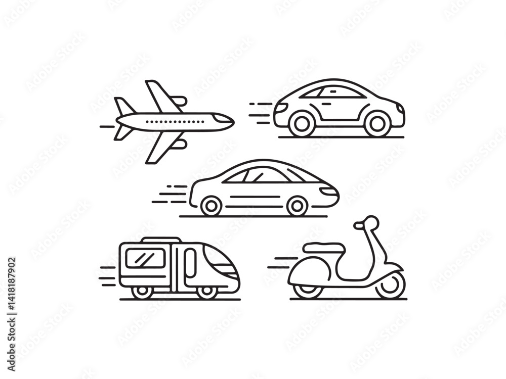 Simple Line Art Icons of Various Transportation Vehicles.This image features a collection of simple, black line art icons depicting various modes of transportation.
