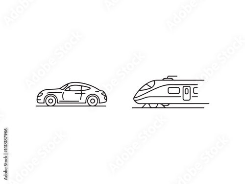 Simple Line Art Illustration of a Car and Train.This black and white line art illustration shows a side view of a car and a train.