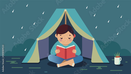A child sitting in a cushioned tent made from blankets and chairs reading a whimsical adventure book while rain adds to the magic of the moment.. Vector illustration