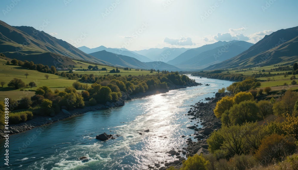 Scenic Landscape View of River Flowing Through Mountain Valley Scenic Landscape View of River Flowing Through Mountain Valley