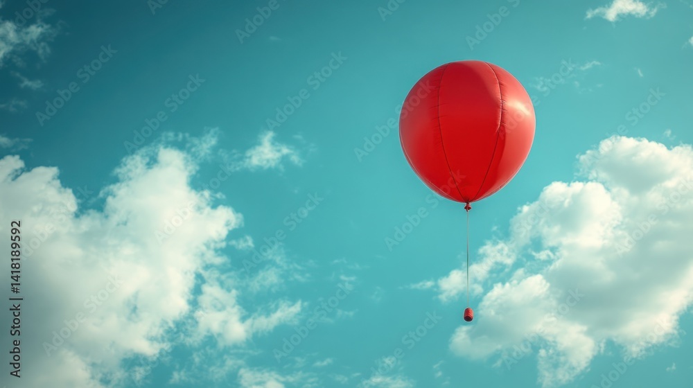 Obraz premium Single red balloon floats in a blue sky with fluffy white clouds.