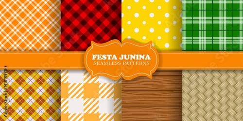 set of festa junina seamless texture. collection of seamless patterns. wood, tartan, rattan and dots pattern