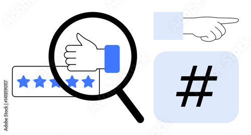 Magnifying glass over thumb-up, five stars rating, pointing hand, metadata tag icon. Ideal for feedback, reviews, social media, marketing, analysis digital interaction simple landing page