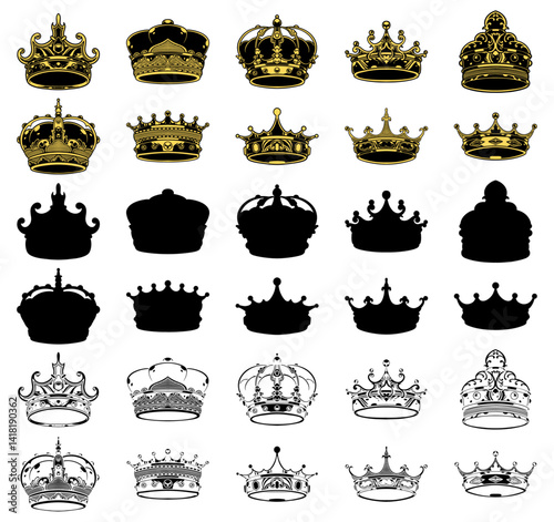 Golden Crowns in Regal Array: A collection of ornate crowns, each a symbol of authority and heritage, rendered in exquisite detail, showcasing royal elegance.