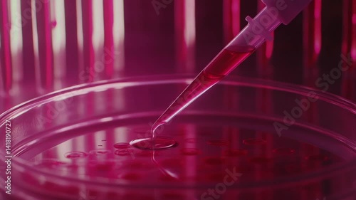 Macro shot of pipette dropping pink fluid into petri dish, laboratory analysis