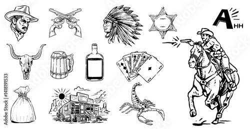 Western Icons Collection: A collection of classic western symbols, depicted in black and white. Including a sheriff's badge, and a cowboy on horseback