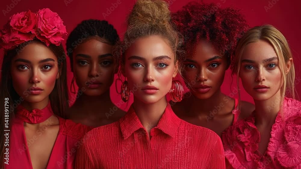 Five diverse models in red attire, posing against a crimson backdrop Five diverse models in red attire, posing against a crimson backdrop