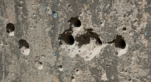 Damaged Concrete Wall Texture - Close-up texture of a weathered concrete wall with numerous holes and damage. Shows wear and tear