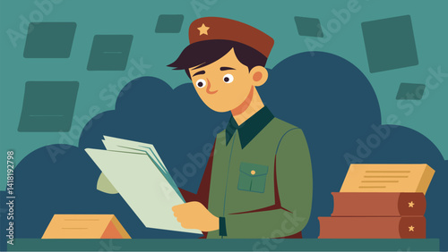 A teenage boy looking through military records and learning about the brave actions of his ancestors.. Vector illustration