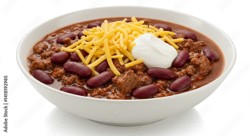 Delicious Bowl of Chili Con Carne - A hearty bowl of chili con carne, topped with shredded cheese and sour cream. Perfect for a chilly evening Delicious Bowl of Chili Con Carne - A hearty bowl of chili con carne, topped with shredded cheese and sour cream. Perfect for a chilly evening