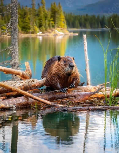 Beaver building a dam in a Canadian lake, logs and branches piled up