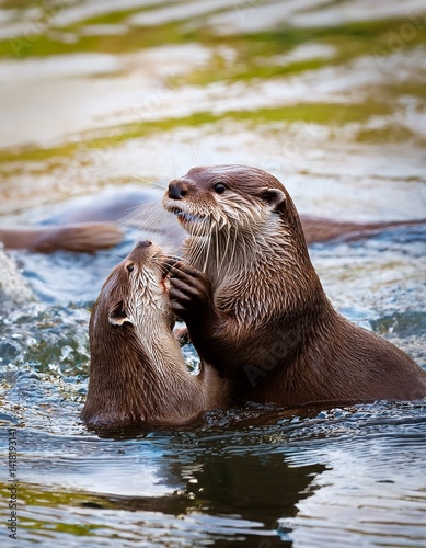 Group of river otters playing in a North American river