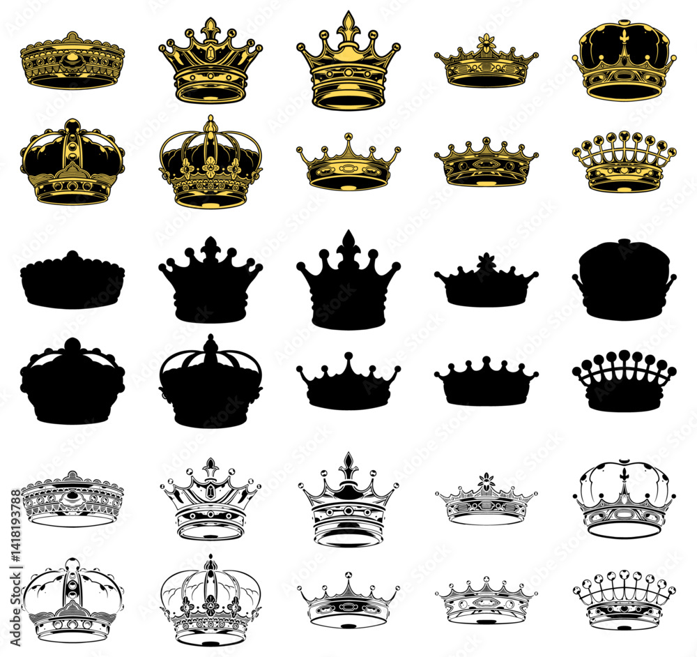 Royal Regalia: A collection of intricately designed crowns, each radiating regality and representing symbols of authority, status, and nobility. Showcasing various styles. Royal Regalia: A collection of intricately designed crowns, each radiating regality and representing symbols of authority, status, and nobility. Showcasing various styles.