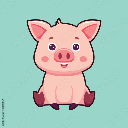 Cute pig cartoon vector mascot sitting simple minimalist flat isolated