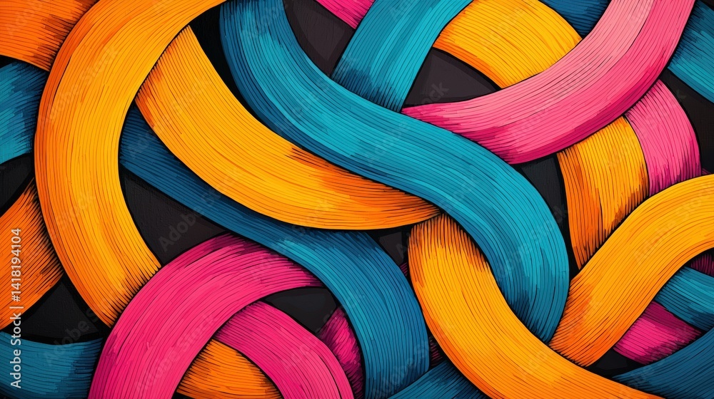 A vibrant abstract design featuring intertwined colorful brush strokes in blue, orange, and pink against a dark background.