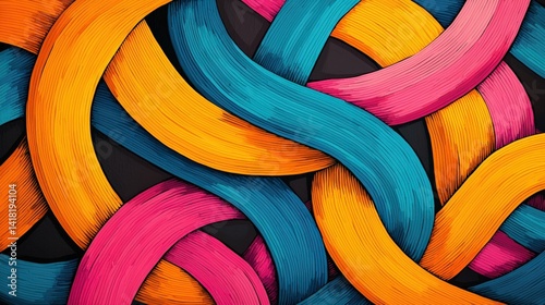 Obraz na płótnie A vibrant abstract design featuring intertwined colorful brush strokes in blue, orange, and pink against a dark background. w salonie