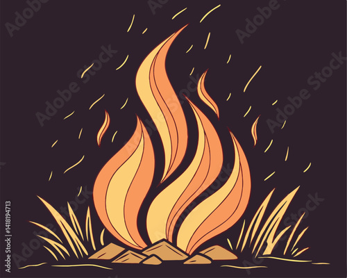 Cozy Campfire Illustration: Warm Flames, Burning Wood, and Outdoor Gathering.