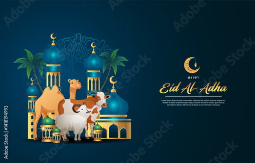 happy Eid adha greeting card , poster, banner design, with cow, camel and goat illustration