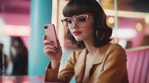 Charming woman with stylish glasses using her pink smartphone in a vibrant cafe setting