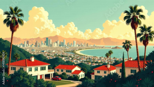 Landscape with palms, suburban houses in the first plan and downtown city center in the background. Los Angeles Art Deco travel poster. Handmade drawing