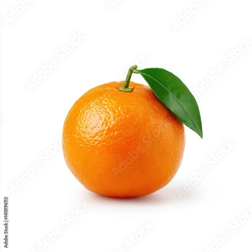Single orange with leaf still attached on white background