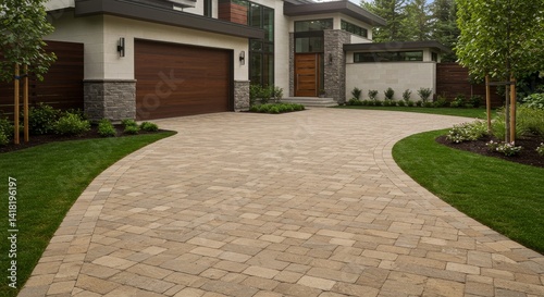 Elegant Stone Driveway Design - A curved driveway made of light brown pavers leads to a modern home. Landscaping complements the elegant design
