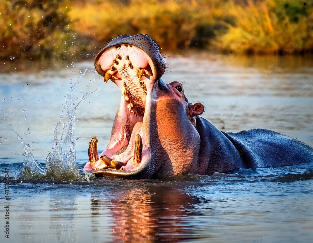 Fototapeta premium Yawning hippopotamus showing its tusks in an African river, water splashes