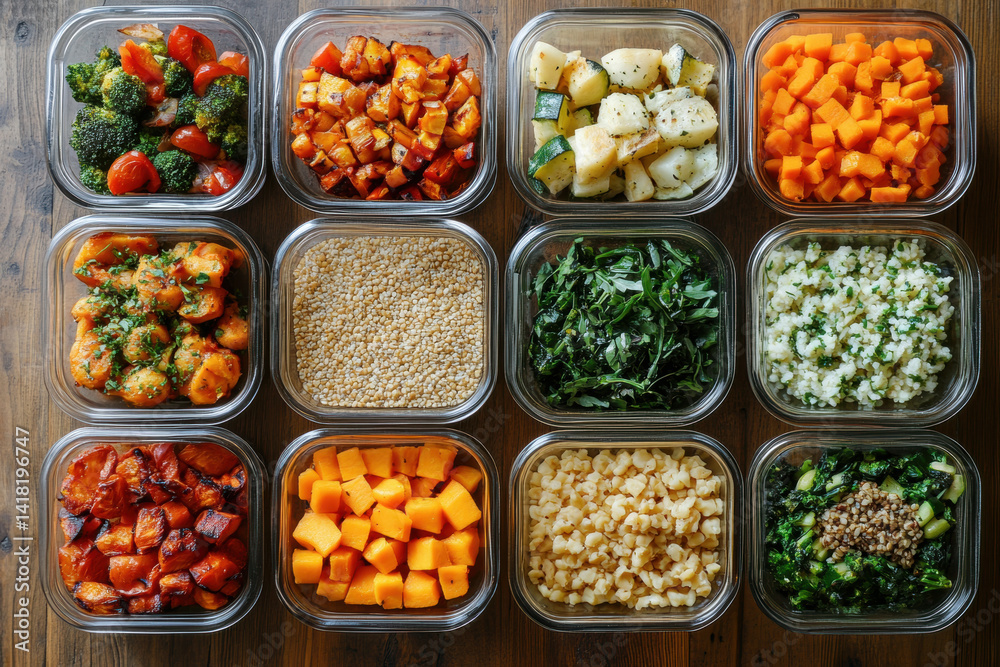 custom made wallpaper toronto digitalAssorted meal prep containers filled with colorful and healthy food portions, neatly organized on a kitchen counter.
