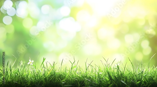 Lush Greenery with Bokeh Background, Lush green leaves and grass with a bright, bokeh background