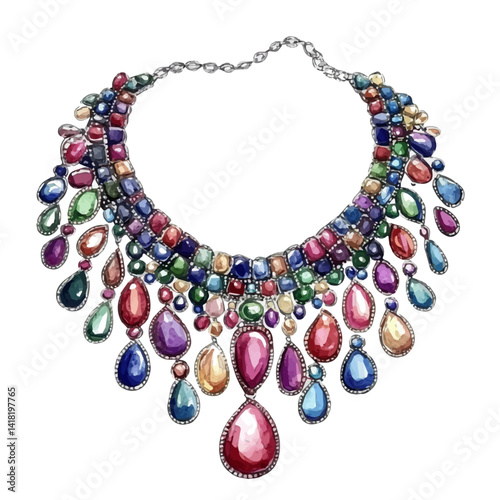 Gemstone-studded Choker Necklace, vector watercolor illustration, isolated on a white background.