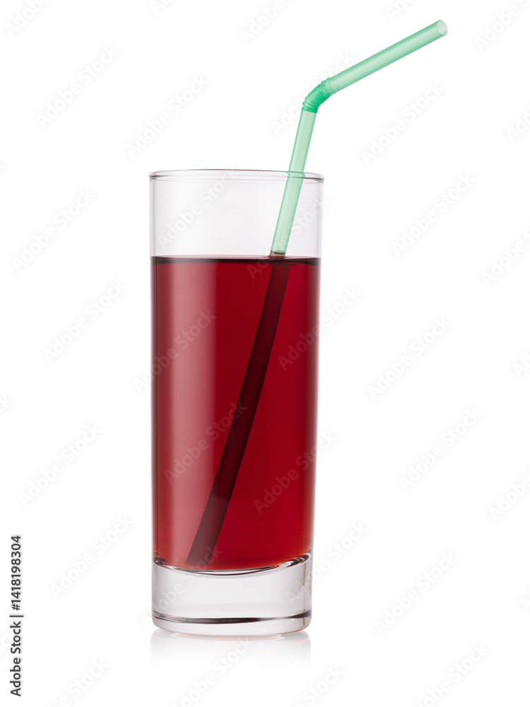A glass of cherry juice with a straw isolated on a white background A glass of cherry juice with a straw isolated on a white background